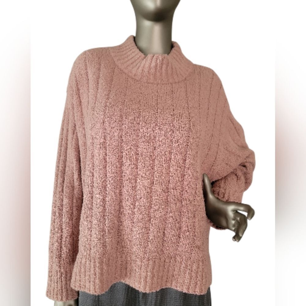 Eileen Fisher Cotton/Cashmere Fluff Rib Opal Turtle Neck Sweater Top Large